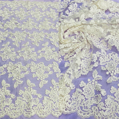 Corded & Beaded Bridal Lace Fabric Embroidered on Net Mesh. Lace USA