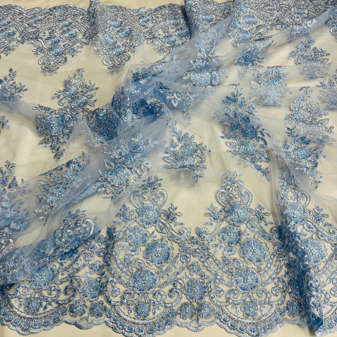 Beaded Corded Lace Fabric With Scallops Embroidered on 100% Poly Metallic | Lace USA