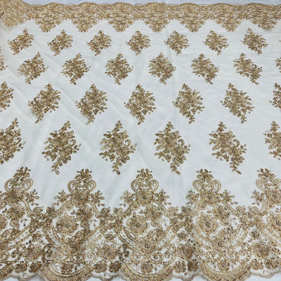 Beaded Corded Lace Fabric With Scallops Embroidered on 100% Poly Metallic | Lace USA