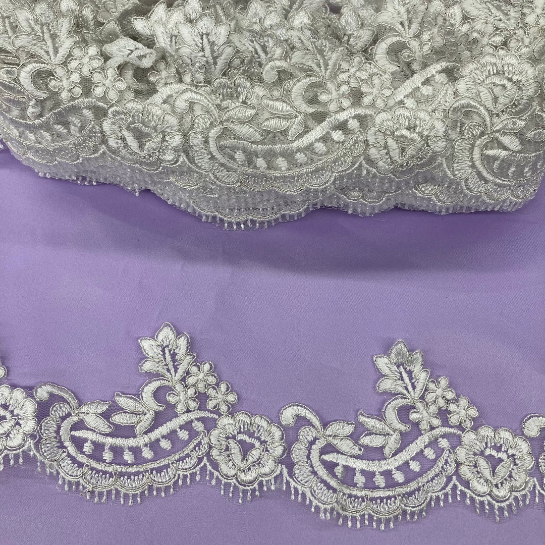 Corded Lace Trimming Embroidered on Poly. Net Mesh. Lace USA