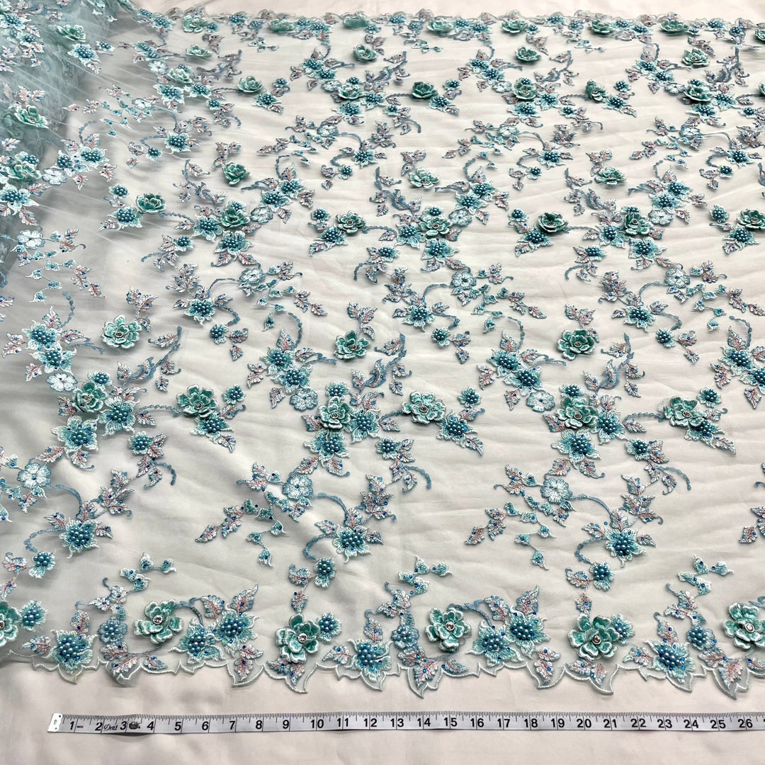 Beaded 3D Floral Lace Fabric Embroidered on 100% Polyester Net Mesh | Lace USA