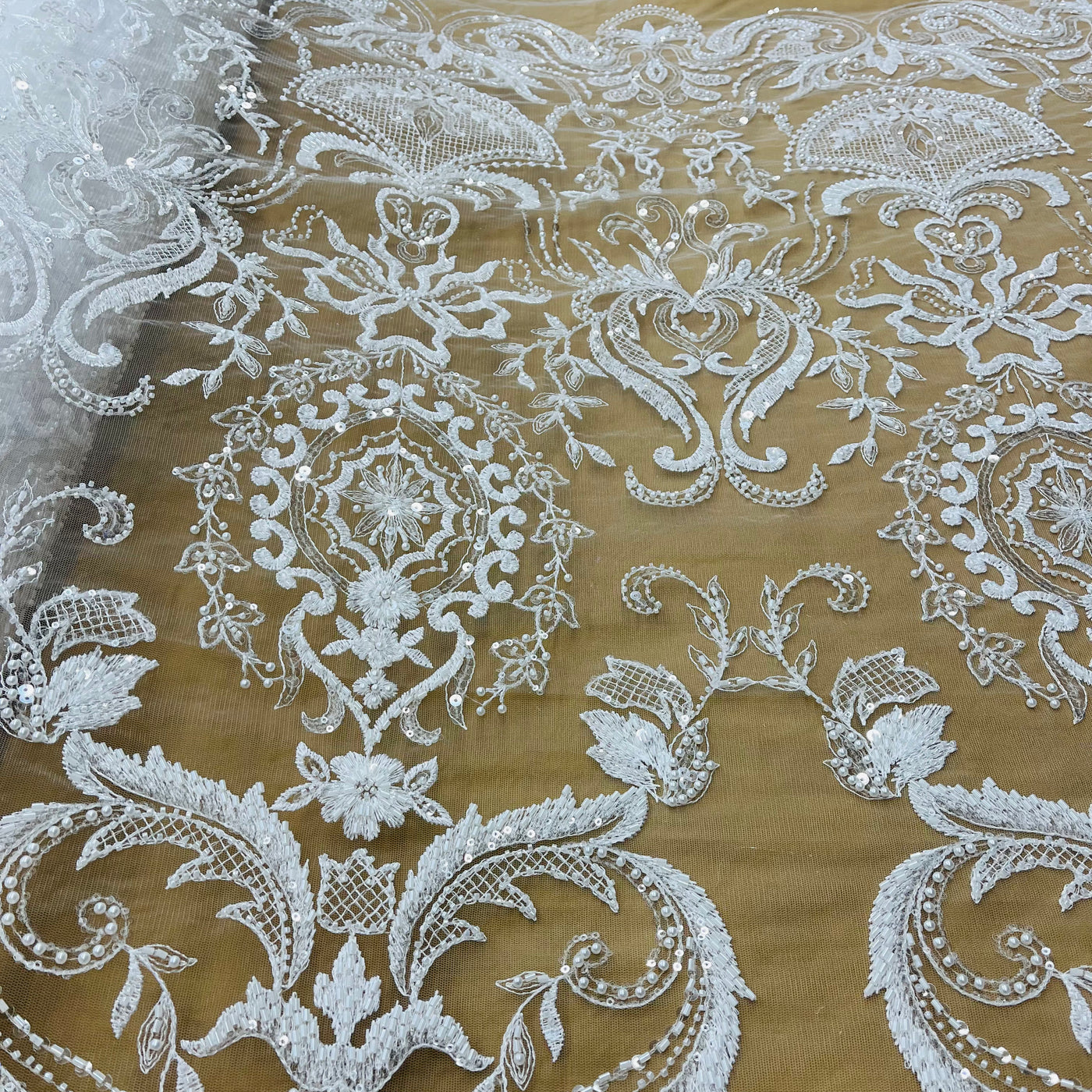 Beaded Lace Fabric Embroidered on 100% Polyester Net Mesh | Lace USA