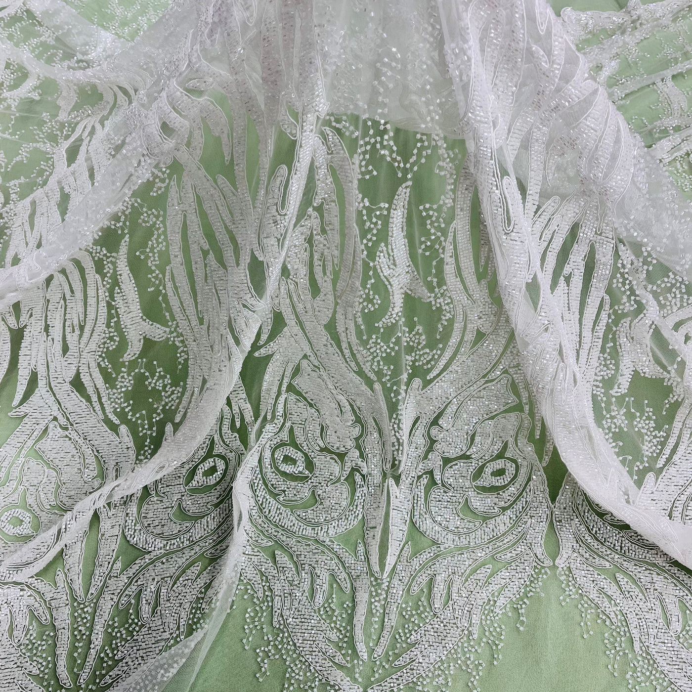 Beaded & Corded Bridal Lace Fabric Embroidered on 100% Polyester Net Mesh | Lace USA