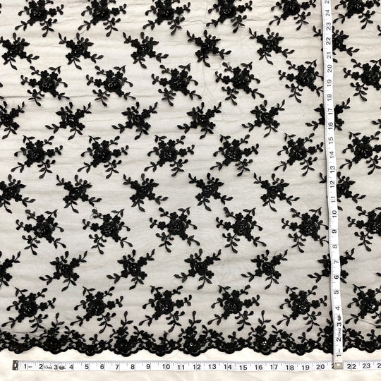 Beaded & Corded Bridal Lace Fabric Embroidered on 100% Polyester Net Mesh | Lace USA