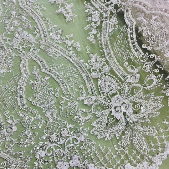 Beaded Lace Fabric Embroidered on 100% Polyester Net Mesh | Lace USA - GD-227239 Ivory