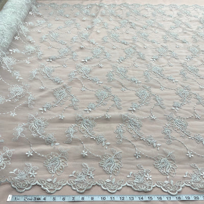 Beaded & Corded Bridal Lace Fabric Embroidered on 100% Polyester Net Mesh | Lace USA