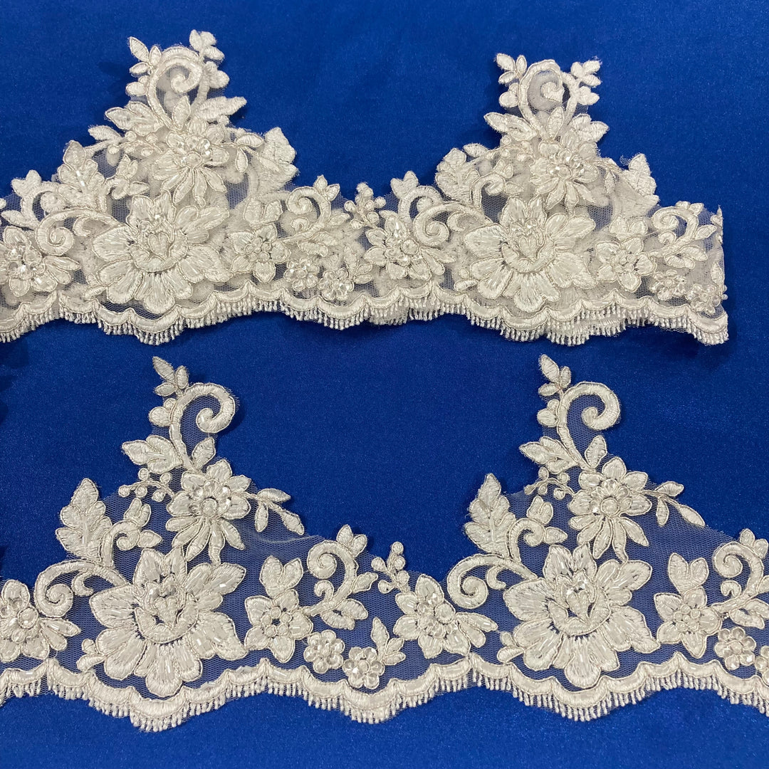 Corded & Beaded Floral Lace Trimming Embroidered on 100% Polyester Net Mesh. Lace Usa