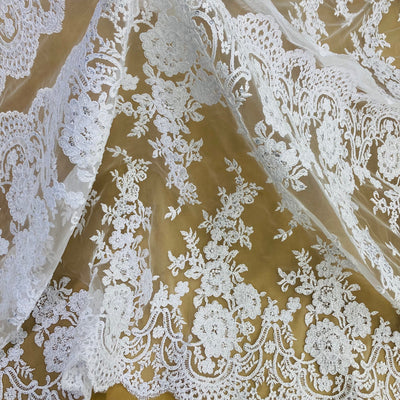 Beaded & Corded Bridal Lace Fabric Embroidered on 100% Polyester Net Mesh | Lace USA