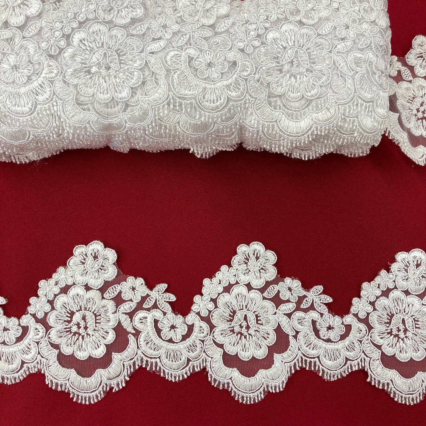 Corded Lace Trimming Embroidered on Poly. Net Mesh. Lace USA