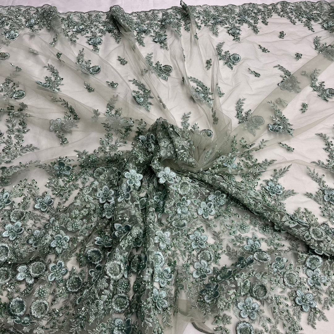 Beaded 3D Floral Lace Fabric Embroidered on 100% Polyester Net Mesh | Lace USA