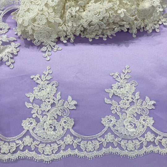 Corded Lace Trimming Embroidered on 100% Polyester Net Mesh. Lace USA