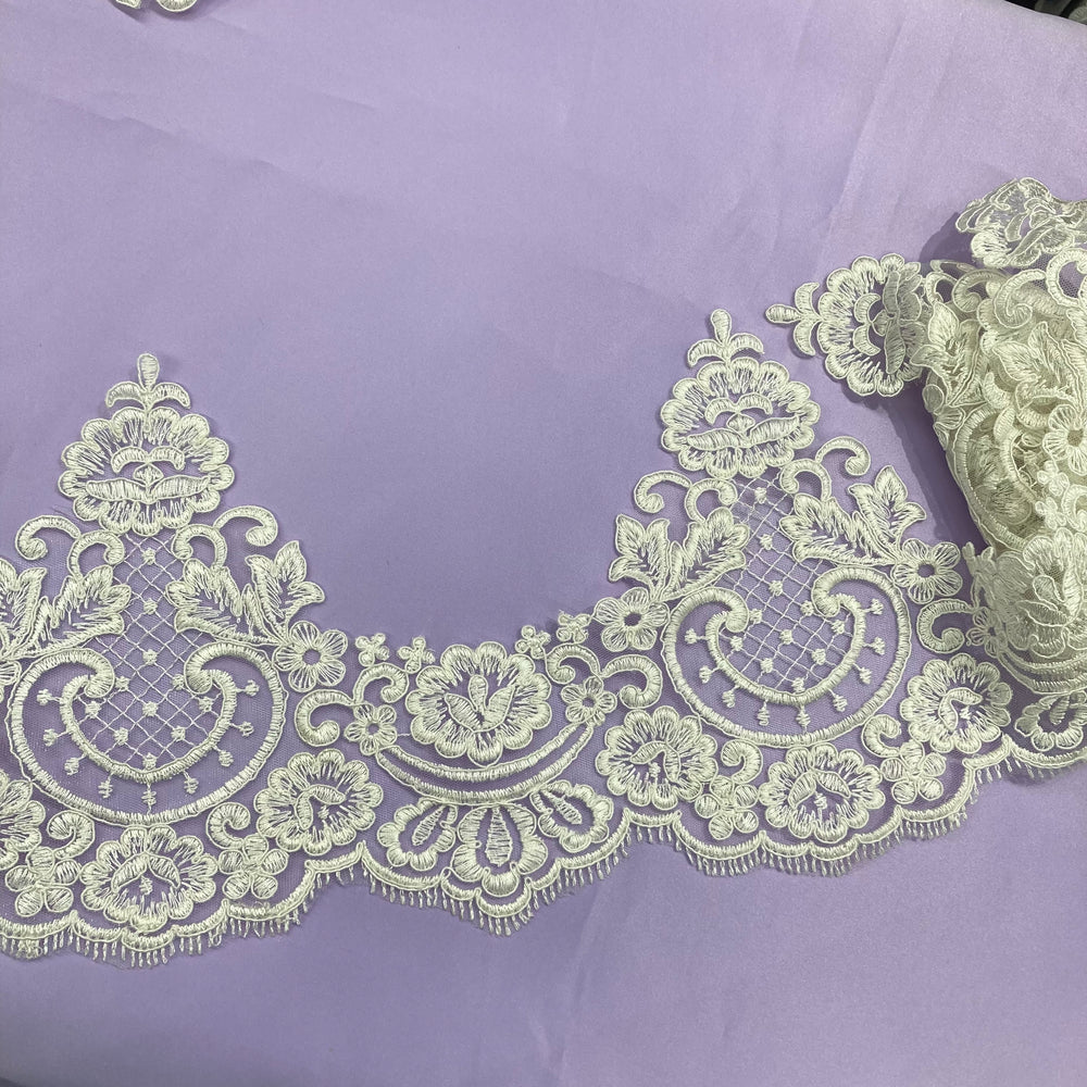 Corded Lace Trimming Embroidered on Poly. Net Mesh. Lace USA