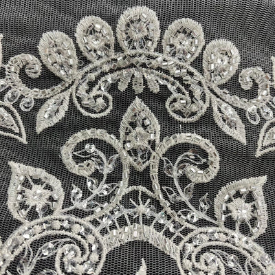 Beaded & Sequined Lace Fabric Embroidered on 100% Polyester Net Mesh | Lace USA - GD-12156 Ivory with Silver