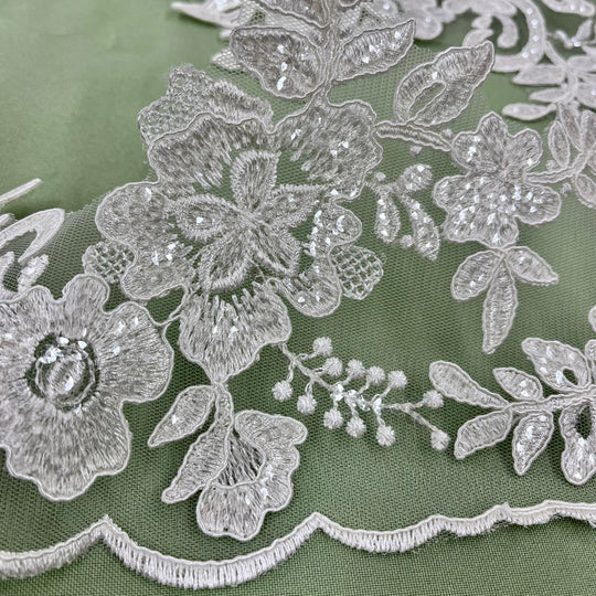 Beaded & Corded Floral Lace Trimming Embroidered on 100% Polyester Net Mesh | Lace USA