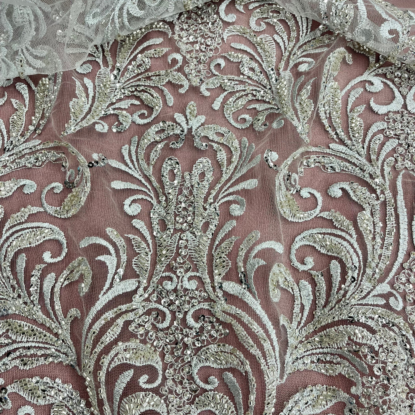 Beaded Lace Fabric Embroidered on 100% Polyester Net Mesh | Lace USA-GD-13267