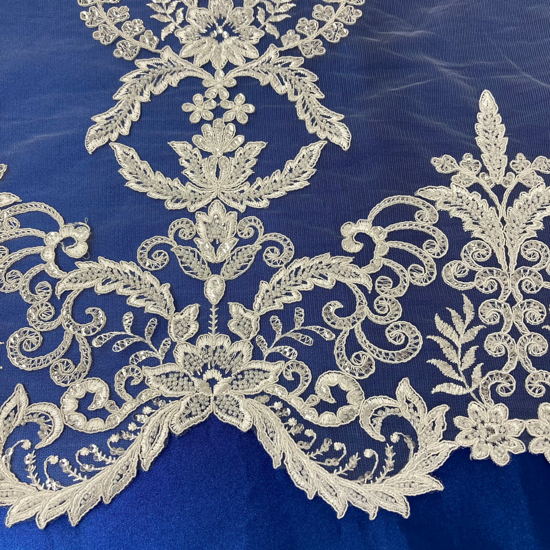 Corded & Beaded Bridal Lace Fabric Embroidered on 100% Polyester Net Mesh. Lace Usa