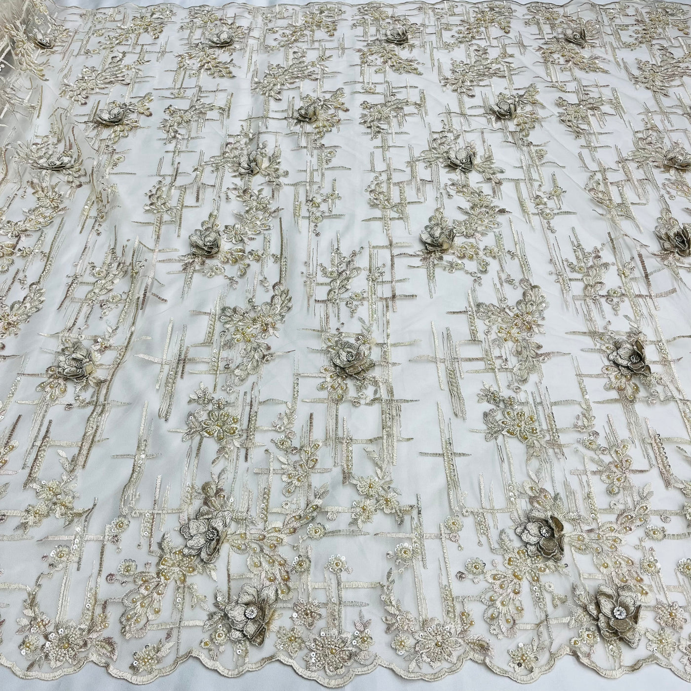 Beaded & Rhinestone 3D Floral Lace Fabric Embroidered on 100% Polyester Net Mesh | Lace USA