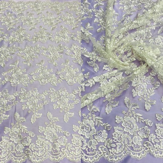 Corded & Beaded Bridal Lace Fabric Embroidered on Net Mesh. Lace USA