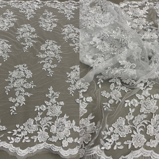 Beaded & Corded Bridal Lace Fabric Embroidered on 100% Polyester Net Mesh | Lace USA