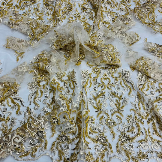 Beaded & Sequined Lace Fabric Embroidered on 100% Polyester Net Mesh | Lace USA - GD-13314 Gold