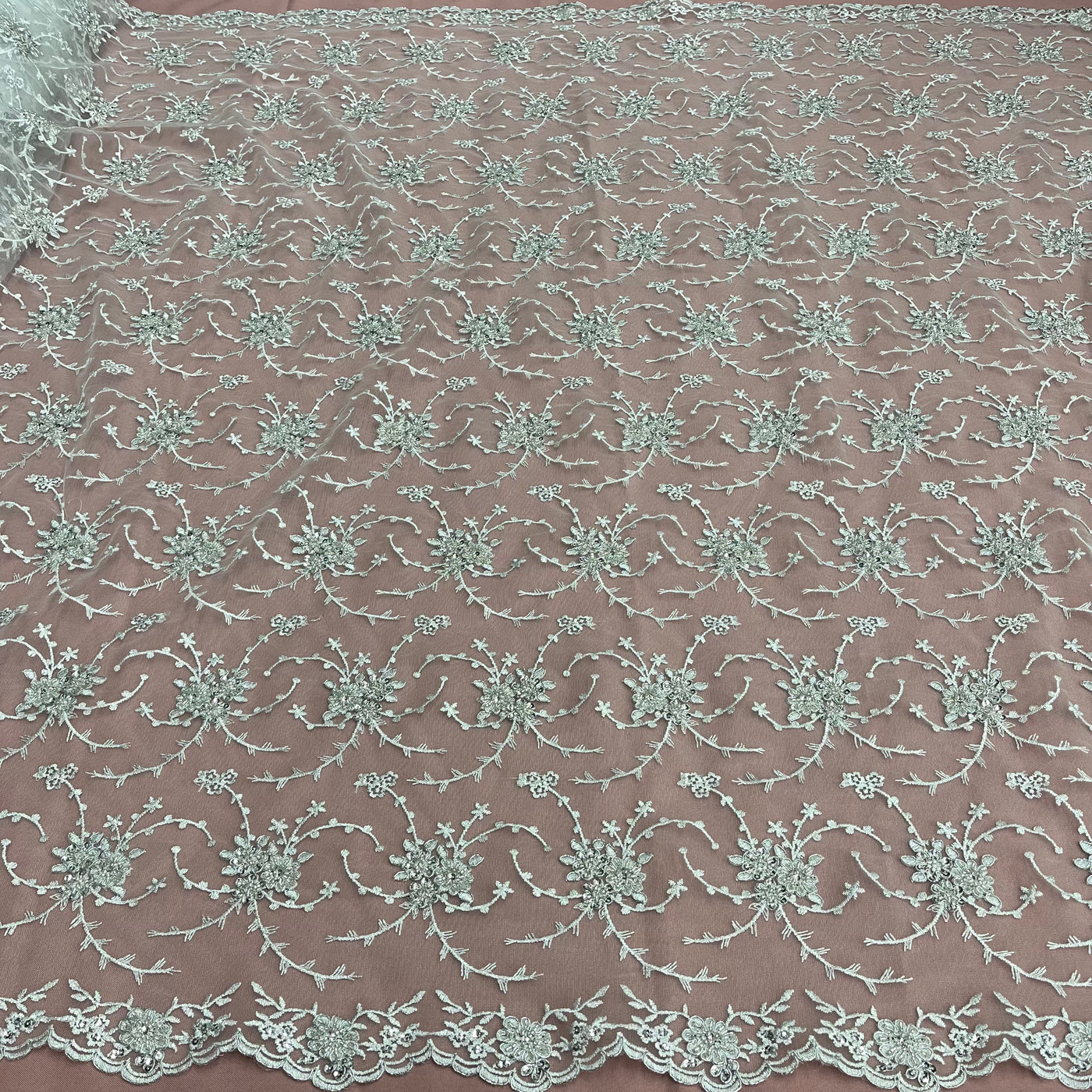 Beaded & Corded Bridal Lace Fabric Embroidered on 100% Polyester Net Mesh | Lace USA