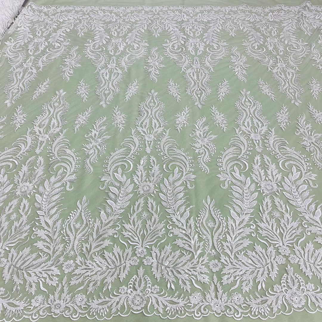 Beaded & Sequined Lace Fabric Embroidered on 100% Polyester Net Mesh | Lace USA - GD-13322 Ivory