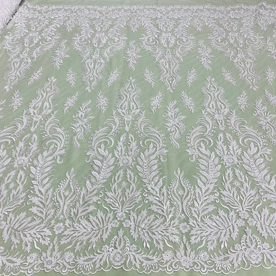Beaded & Sequined Lace Fabric Embroidered on 100% Polyester Net Mesh | Lace USA - GD-13322 Ivory