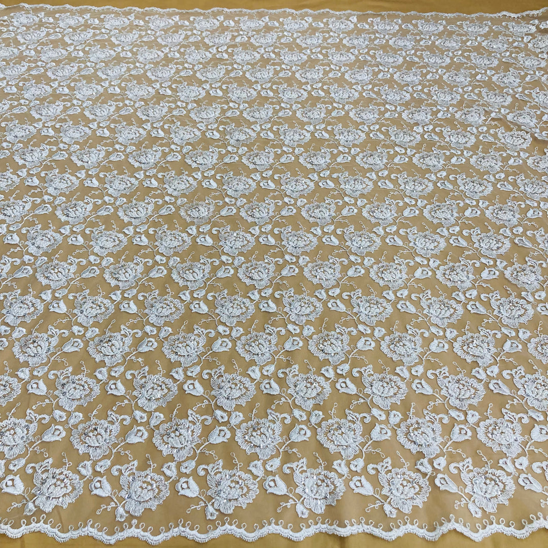 Copy of Beaded & Corded Bridal Lace Fabric Embroidered on 100% Polyester Net Mesh | Lace USA