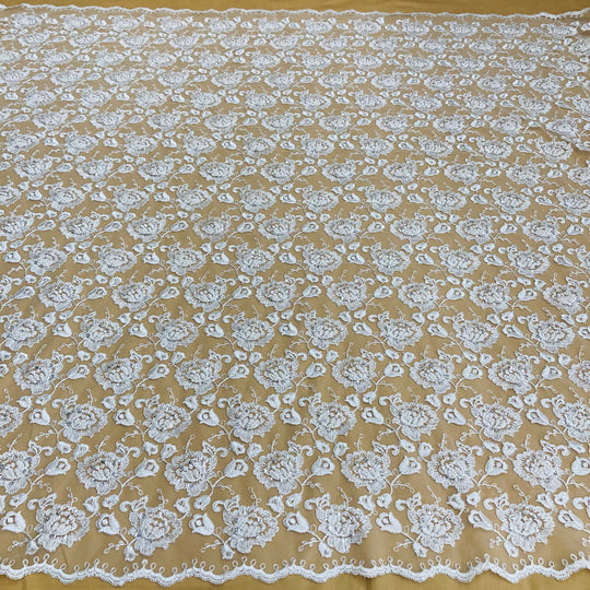 Copy of Beaded & Corded Bridal Lace Fabric Embroidered on 100% Polyester Net Mesh | Lace USA