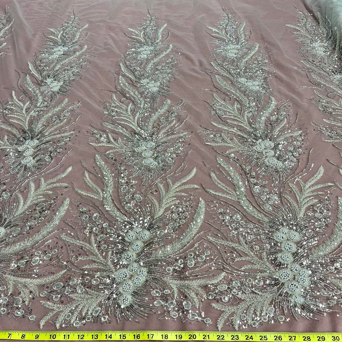 Beaded Lace Fabric Embroidered on 100% Polyester Net Mesh | Lace USA - GD-220712 Antique Silver