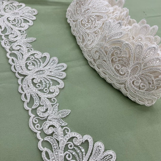 Beaded & Corded Floral Lace Trimming Embroidered on 100% Polyester Net Mesh | Lace USA