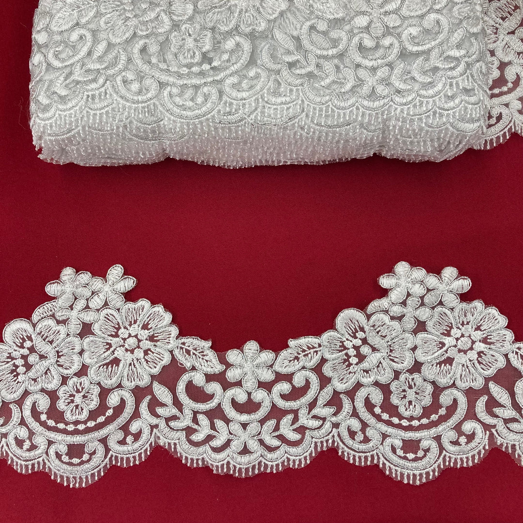 Corded Lace Trimming Embroidered on Poly. Net Mesh. Lace USA