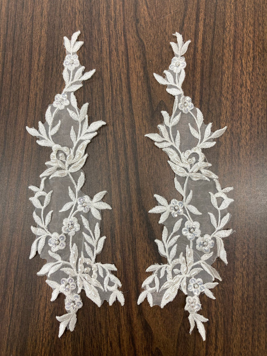 Ivory Beaded Floral Applique Lace on 100% Polyester Organza Sold by the Pair. This can be allied to theatrical, dance, ballroom, costumes, bridal dresses, bridal headbands endless possibilities.  Lace Usa