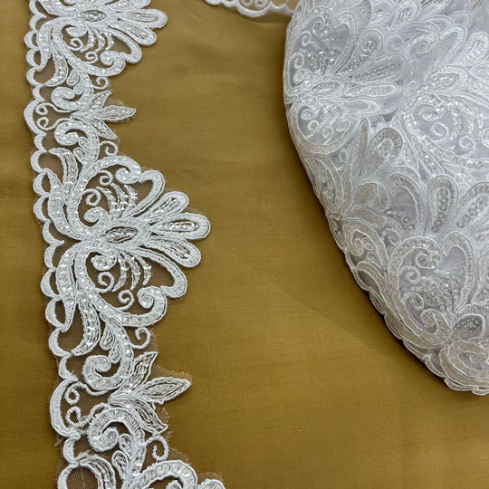 Beaded & Corded Floral Lace Trimming Embroidered on 100% Polyester Net Mesh | Lace USA