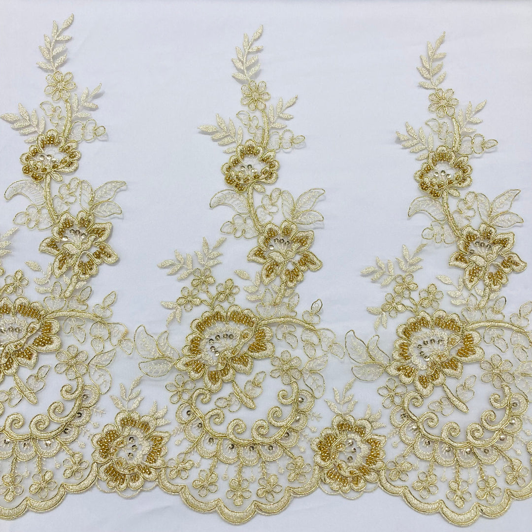 Beaded & Corded Lace Trimming Embroidered on 100% Polyester Net Mesh. Lace USA