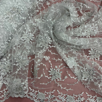 Beaded & Corded Bridal Lace Fabric Embroidered on 100% Polyester Net Mesh | Lace USA