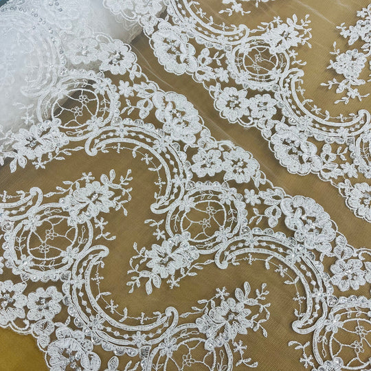 Beaded & Corded Bridal Lace Fabric Embroidered on 100% Polyester Net Mesh | Lace USA