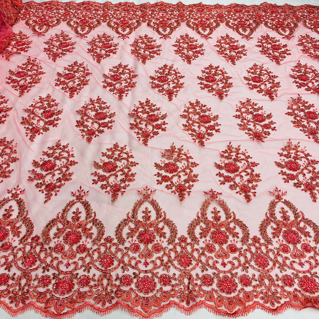 Beaded & Corded Bridal Lace Fabric Embroidered on 100% Polyester Net Mesh | Lace USA