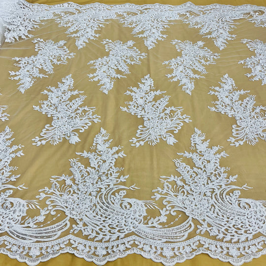 Beaded & Corded Bridal Lace Fabric Embroidered on 100% Polyester Net Mesh | Lace USA 