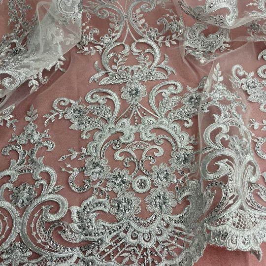 97213W-SB-Beaded & Corded Bridal Fabric Lace Embroidered on 100% Polyester Net Mesh | Lace USA