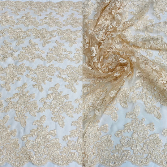 Corded & Beaded Bridal Lace Fabric Embroidered on Net Mesh. Lace USA