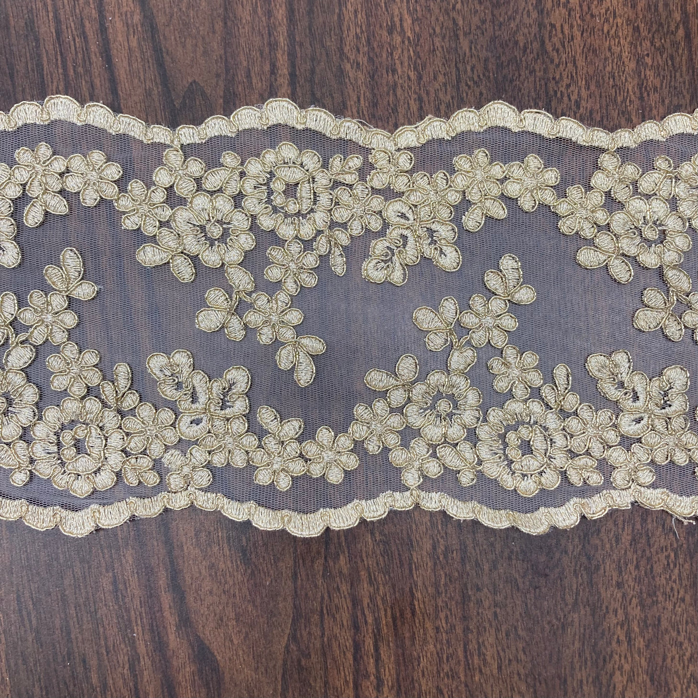 Corded & Embroidered Double Sided Antique Gold Trimming on Mesh Net Lace. Lace Usa