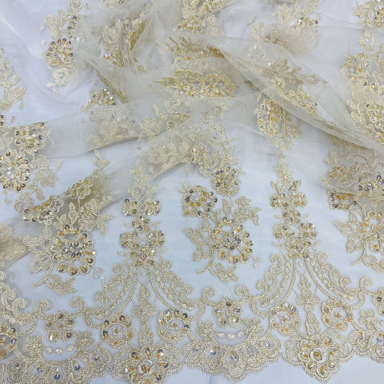 Beaded & Corded Lace Fabric Embroidered on 100% Polyester Net Mesh | Lace USA