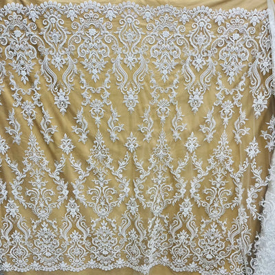 Beaded & Sequined Lace Fabric Embroidered on 100% Polyester Net Mesh | Lace USA - GD-12156 White