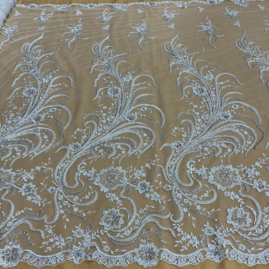 Beaded & Corded Bridal Lace Fabric Embroidered on 100% Polyester Net Mesh | Lace USA