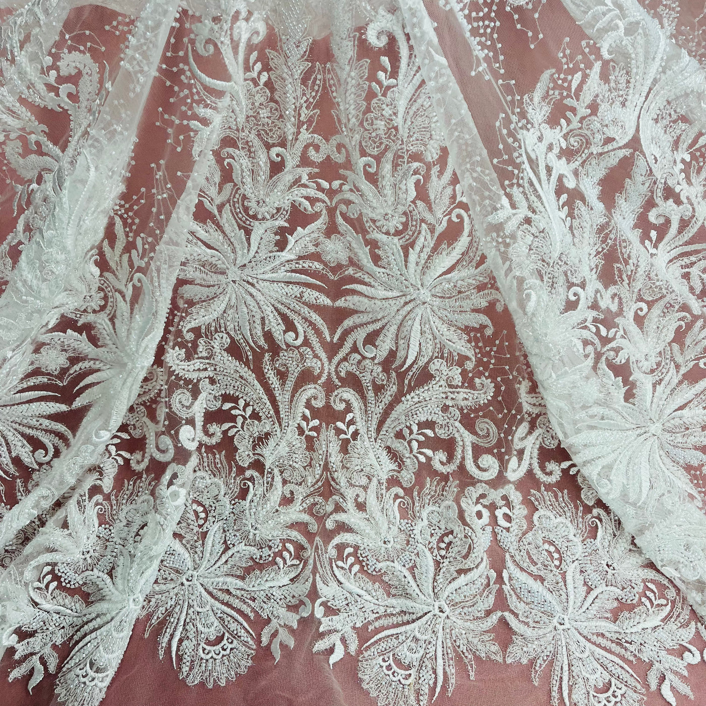 Beaded Lace Fabric Embroidered With Fuzzy Thread on 100% Polyester Net Mesh | Lace USA