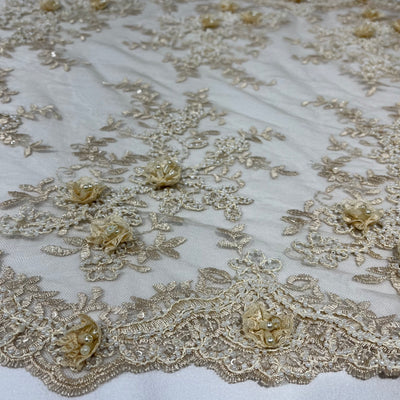 Beaded Double Sided 3D Floral Lace Trimming Embroidered on 100% Polyester Net Mesh | Lace USA