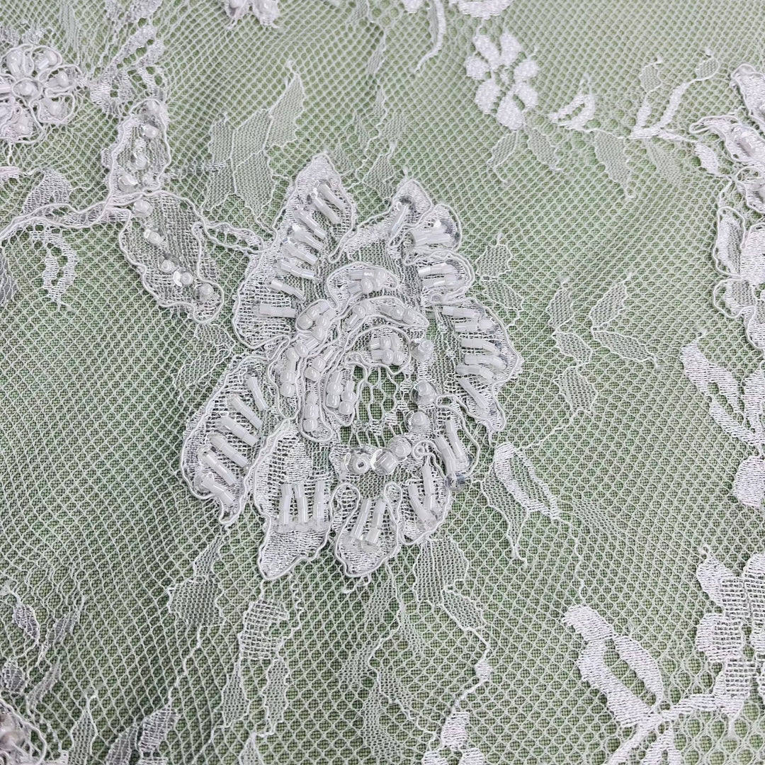 3 Yards Precut Beaded & Corded Chantilly Floral Lace Fabric Embroidered on 100% Polyester Net Mesh | Lace USA - 97143W-BP Ivory