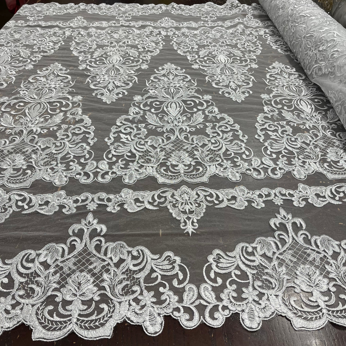 Corded Bridal Lace Fabric Embroidered on 100% Polyester Net Mesh | Lace USA