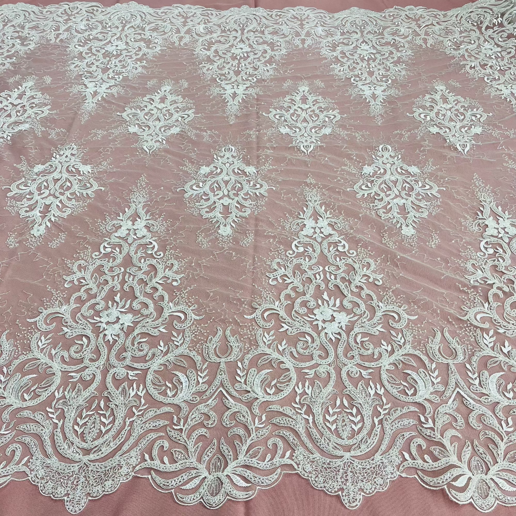 Beaded & Corded Bridal Lace Fabric Embroidered on 100% Polyester Net Mesh | Lace USA - GD-12266 Ivory